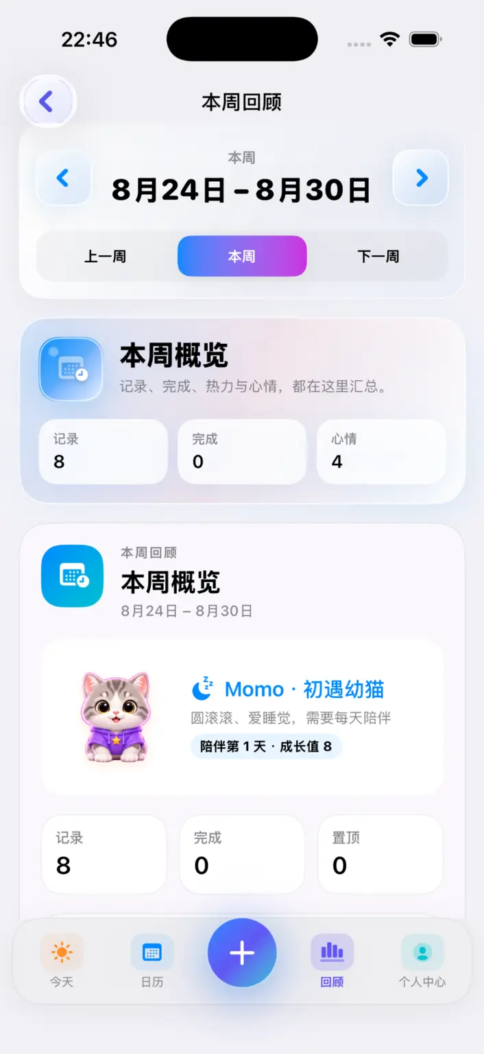 MemoDay Weekly review screen